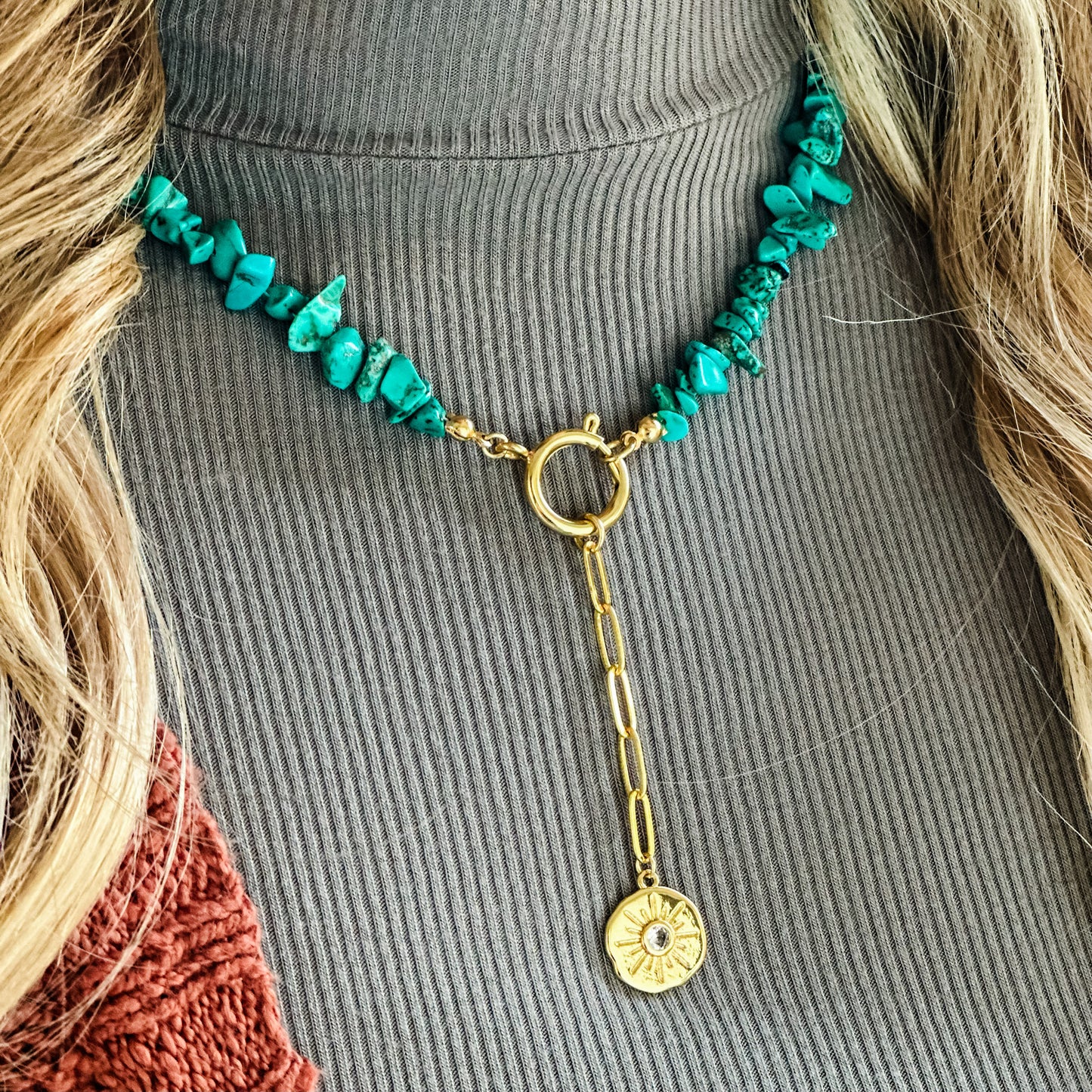 Daydreamer Turquoise and Gold Necklace Gold Sun Charm