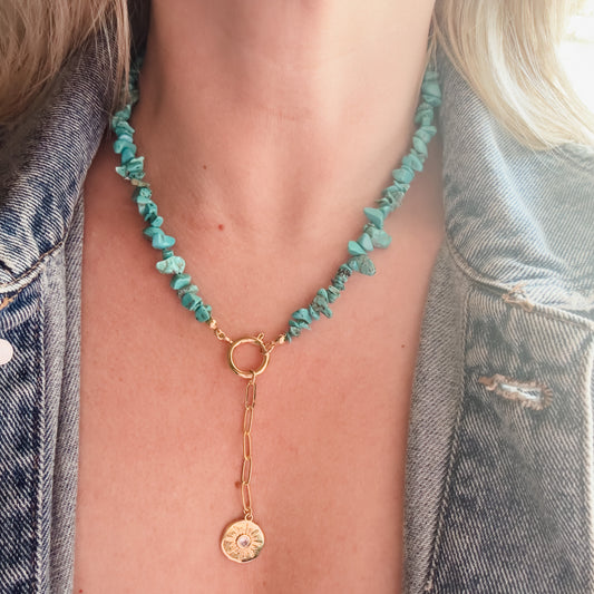 Daydreamer Turquoise and Gold Necklace Gold Sun Charm